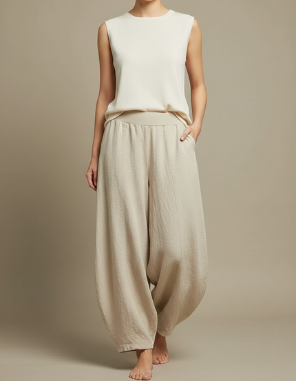 Pantalon Japonais Beige Ample Coton Fluide Femme - Lin