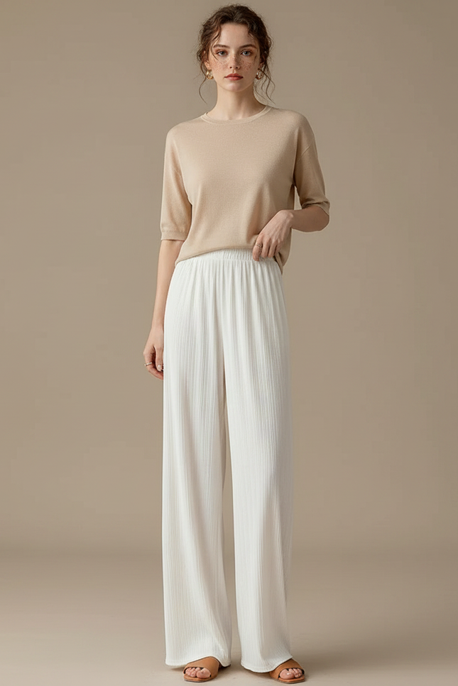 Pantalon Japonais Blanc Plissé Fluide Ample Décontracté - Viscose