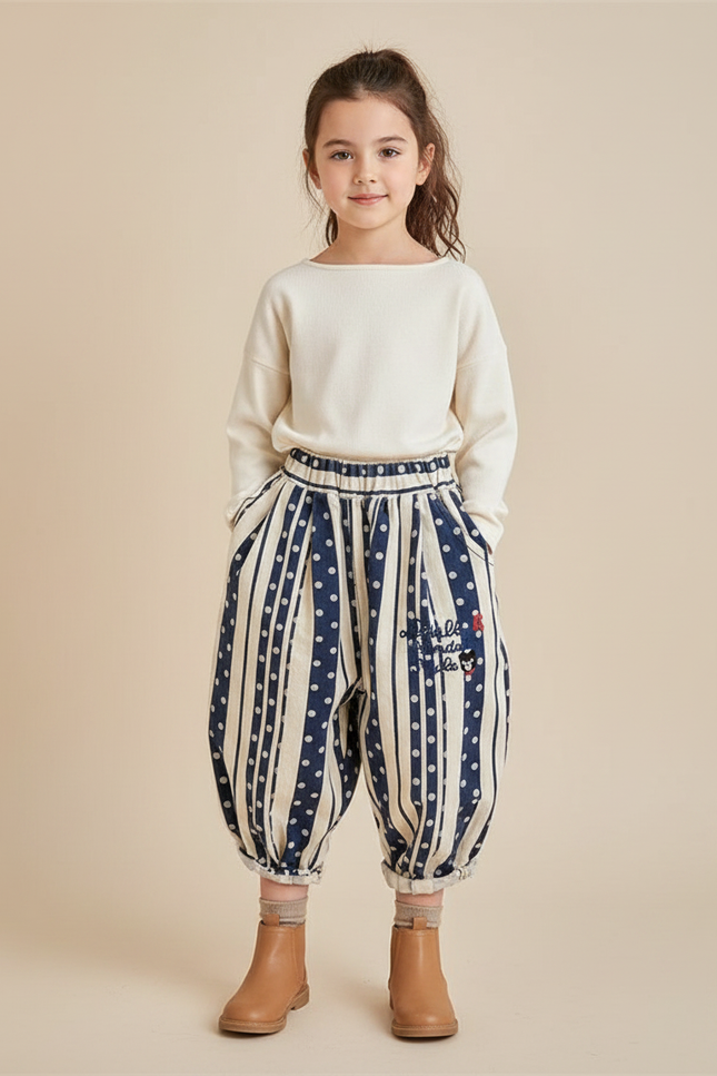 Pantalon Japonais Harem Rayures Pois Brodé Enfant - Marine Coton
