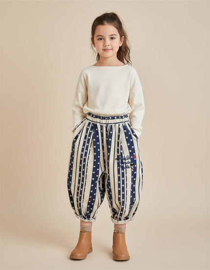 Pantalon Japonais Harem Rayures Pois Brodé Enfant - Marine Coton