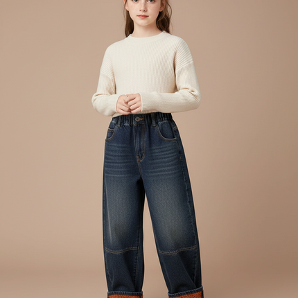 Pantalon Japonais Denim Ample Fille Doublé Hiver - Bleu Jean