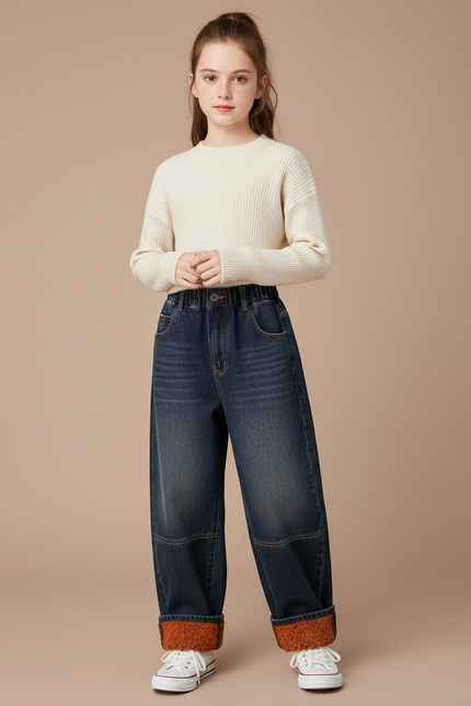 Pantalon Japonais Denim Ample Fille Doublé Hiver - Bleu Jean