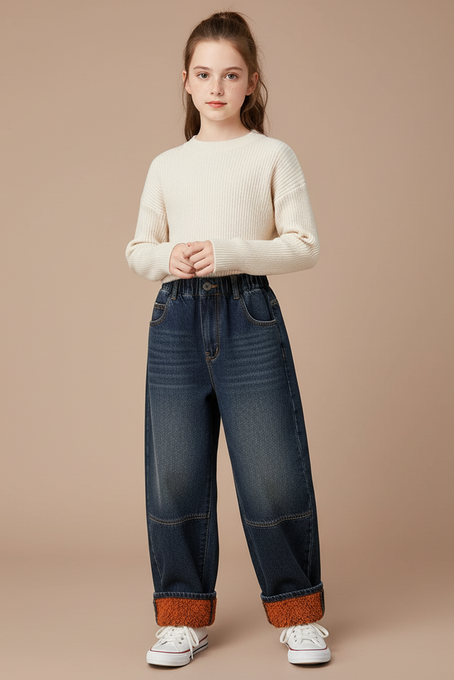 Pantalon Japonais Denim Ample Fille Doublé Hiver - Bleu Jean