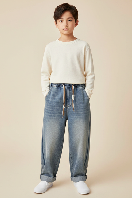 Pantalon Japonais Denim Ample Rayures Décontracté Enfant - Bleu Jean