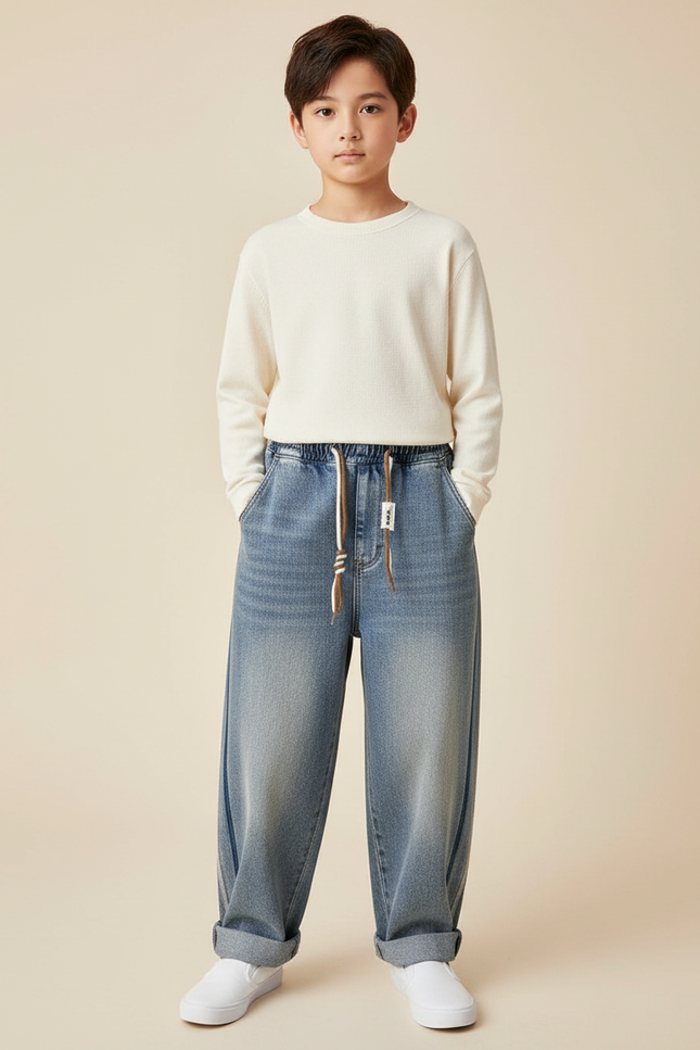 Pantalon Japonais Denim Ample Rayures Décontracté Enfant - Bleu Jean