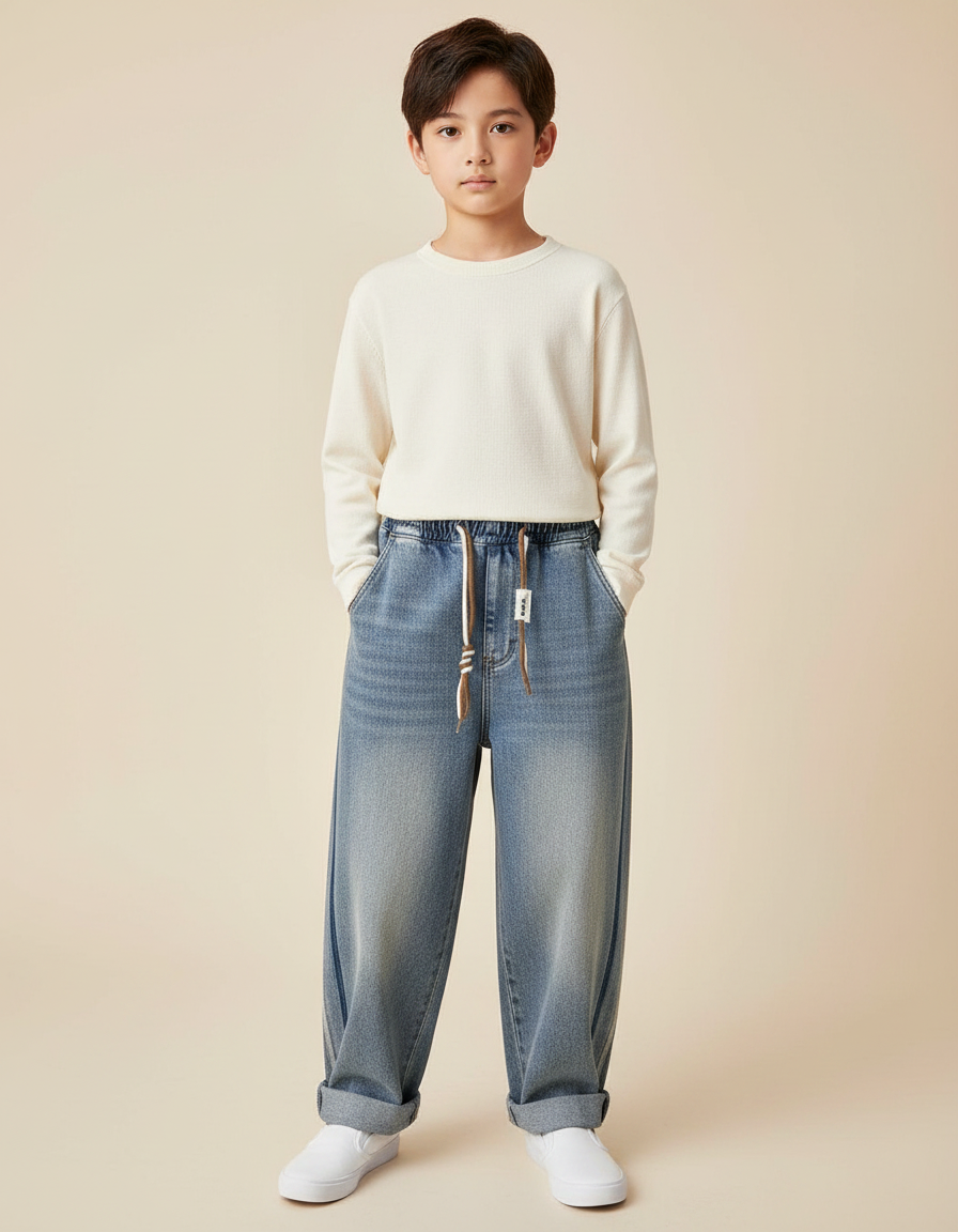 Pantalon Japonais Denim Ample Rayures Décontracté Enfant - Bleu Jean