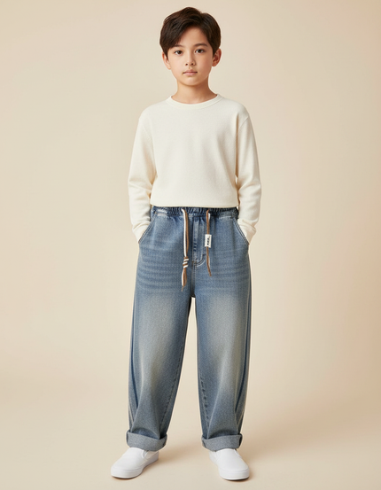 Pantalon Japonais Denim Ample Rayures Décontracté Enfant - Bleu Jean