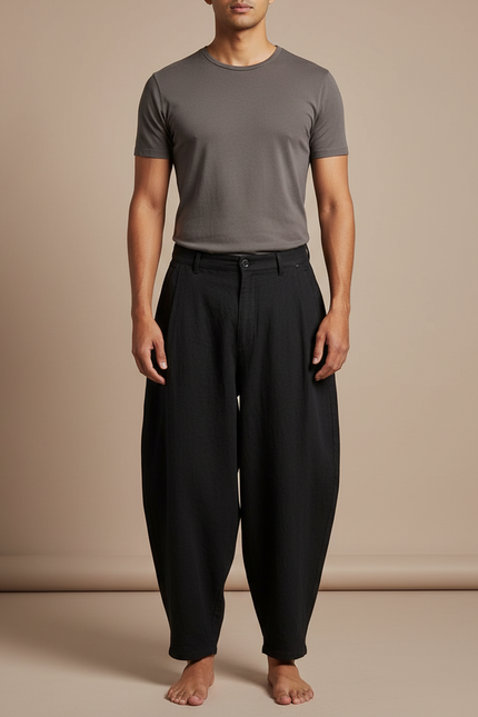 Pantalon Japonais Noir Ample Coton Fluide Décontracté
