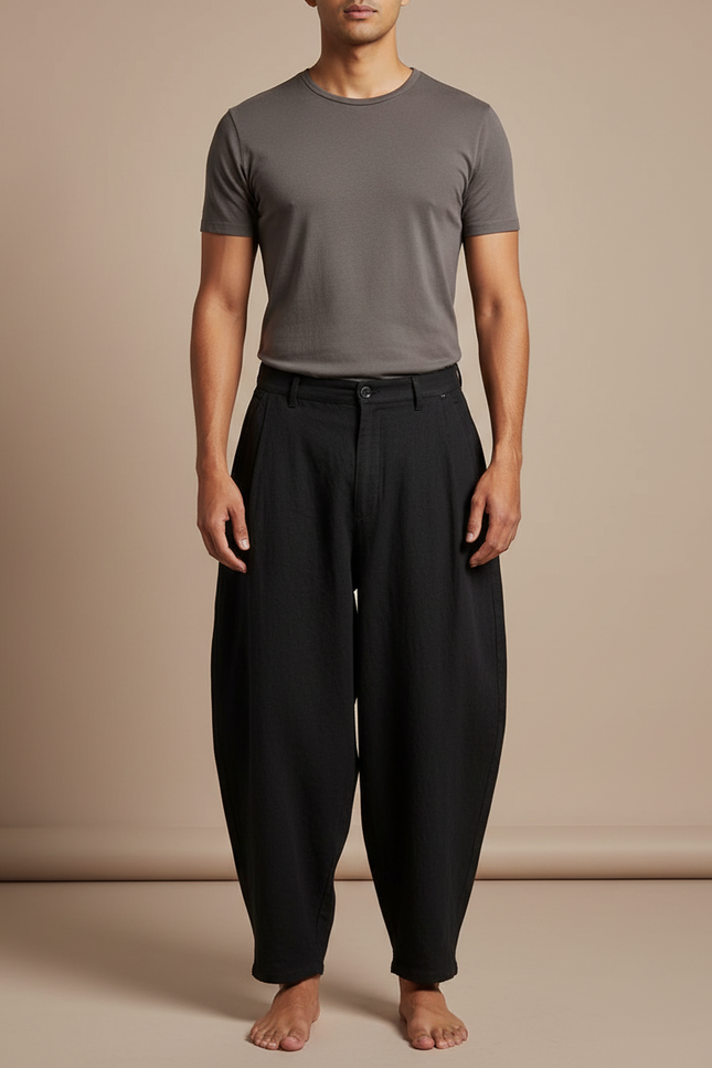 Pantalon Japonais Noir Ample Coton Fluide Décontracté
