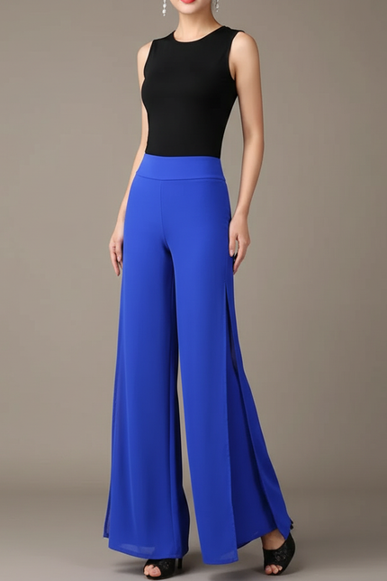 Pantalon Japonais Bleu Fluide Fendu Élégant Chiffon - Polyester