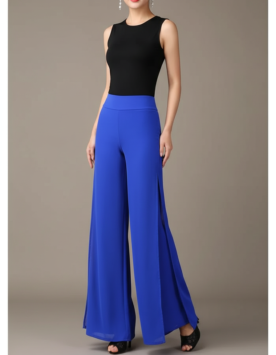 Pantalon Japonais Bleu Fluide Fendu Élégant Chiffon - Polyester