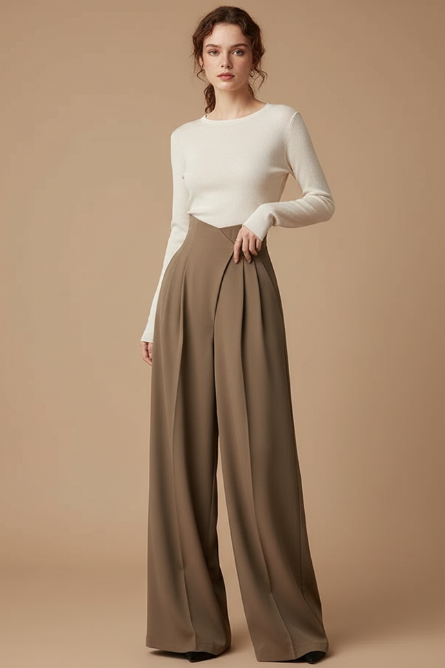 Pantalon Japonais Marron Ample Plissé Élégant Fluide - Kaki Polyester