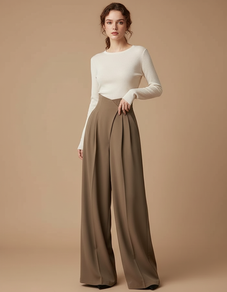 Pantalon Japonais Marron Ample Plissé Élégant Fluide - Kaki Polyester