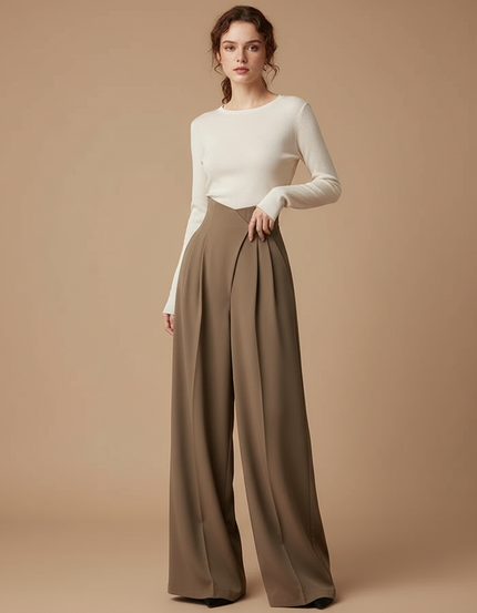 Pantalon Japonais Marron Ample Plissé Élégant Fluide - Kaki Polyester