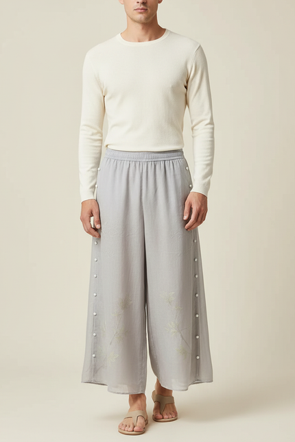 Pantalon Japonais Gris Ample Brodé Confortable Décontracté - Viscose