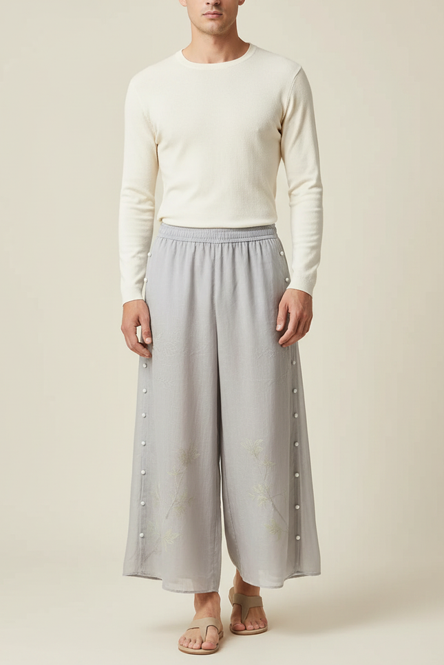 Pantalon Japonais Gris Ample Brodé Confortable Décontracté - Viscose