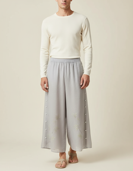 Pantalon Japonais Gris Ample Brodé Confortable Décontracté - Viscose