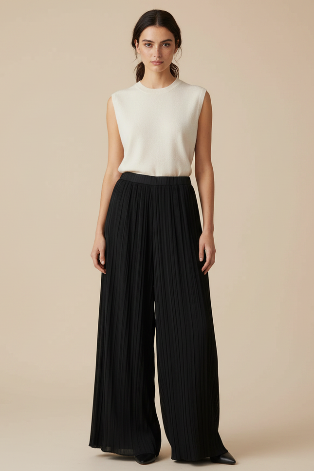 Pantalon Japonais Noir Plissé Ample Élégant Femme - Polyester