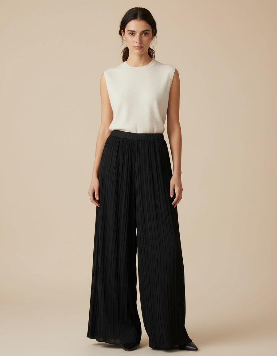 Pantalon Japonais Noir Plissé Ample Élégant Femme - Polyester