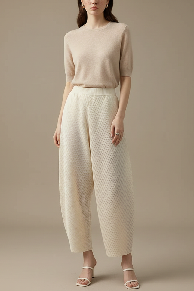 Pantalon Japonais Plissé Beige Ample Texturé Élégant - Maille