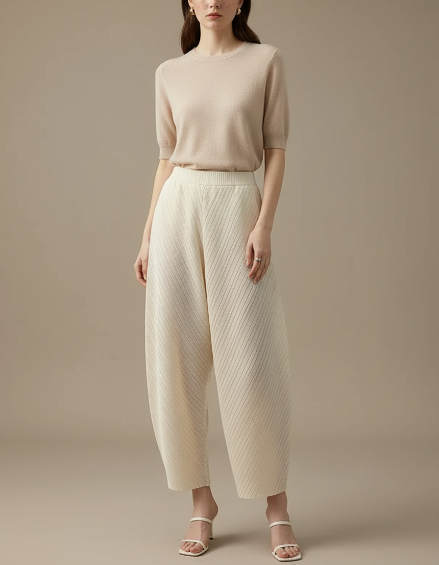 Pantalon Japonais Plissé Beige Ample Texturé Élégant - Maille