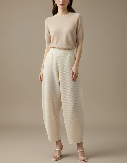 Pantalon Japonais Plissé Beige Ample Texturé Élégant - Maille