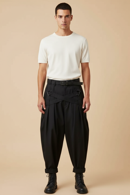 Pantalon Japonais Noir Ample Plissé Streetwear Homme - Gabardine