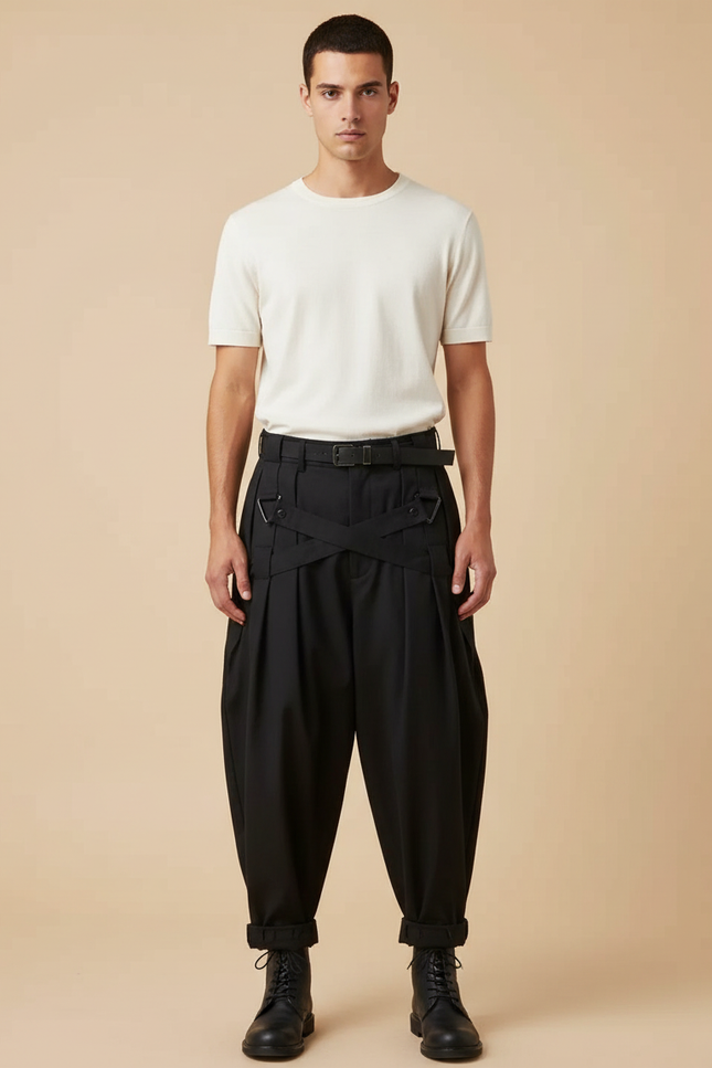 Pantalon Japonais Noir Ample Plissé Streetwear Homme - Gabardine