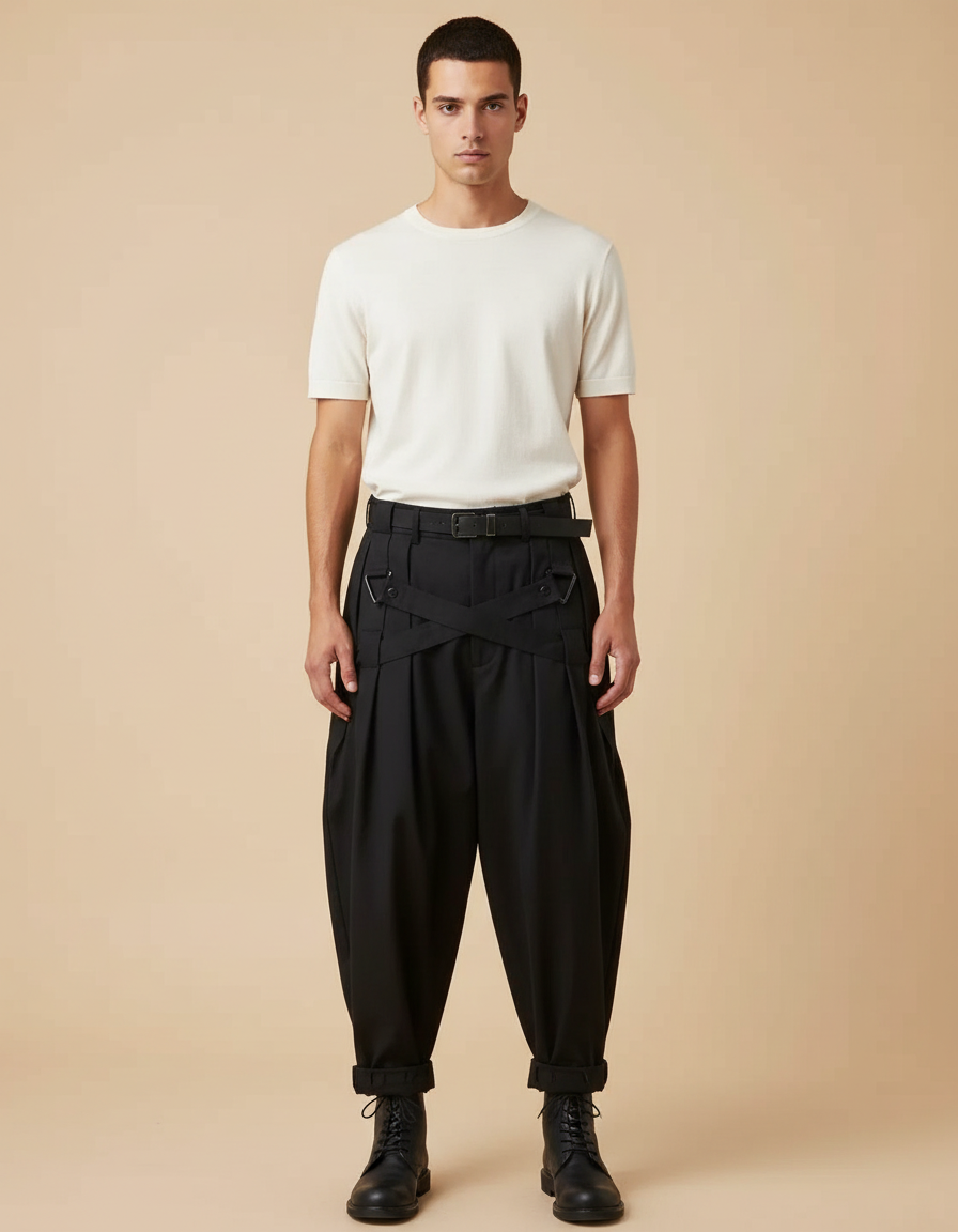 Pantalon Japonais Noir Ample Plissé Streetwear Homme - Gabardine