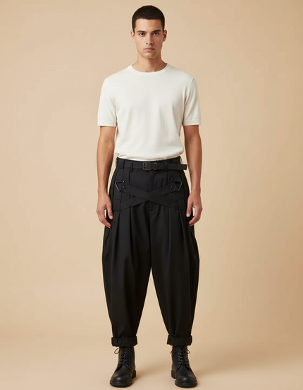 Pantalon Japonais Noir Ample Plissé Streetwear Homme - Gabardine