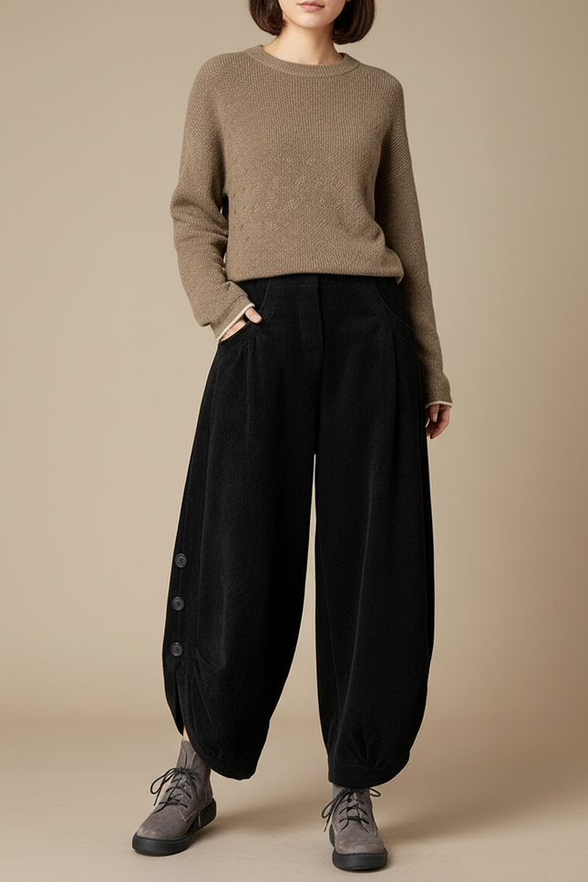 Pantalon Japonais Noir Côtelé Ample Boutons Harem - Cordé