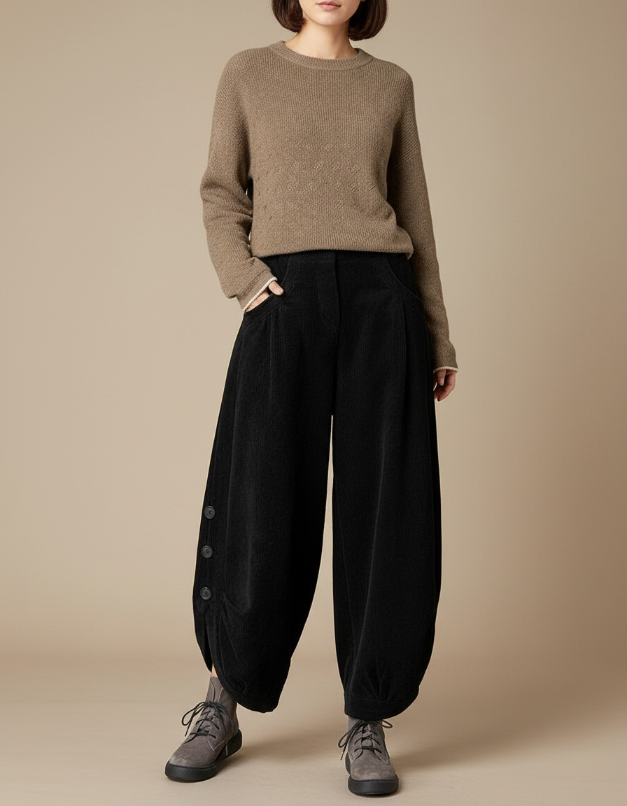 Pantalon Japonais Noir Côtelé Ample Boutons Harem - Cordé