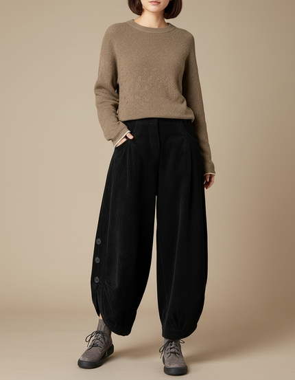 Pantalon Japonais Noir Côtelé Ample Boutons Harem - Cordé