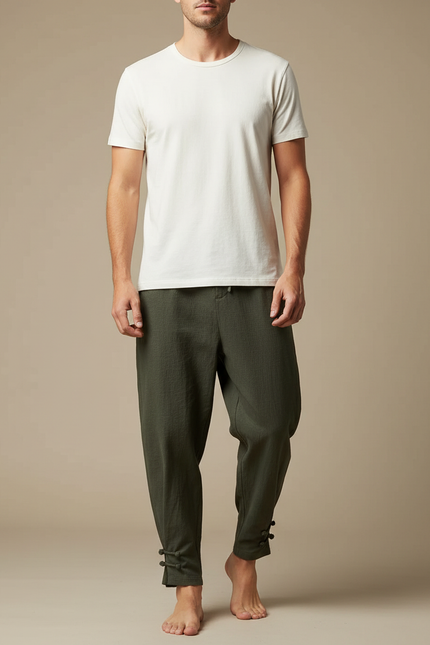 Pantalon Japonais Vert Kaki Lin Ample Boutons
