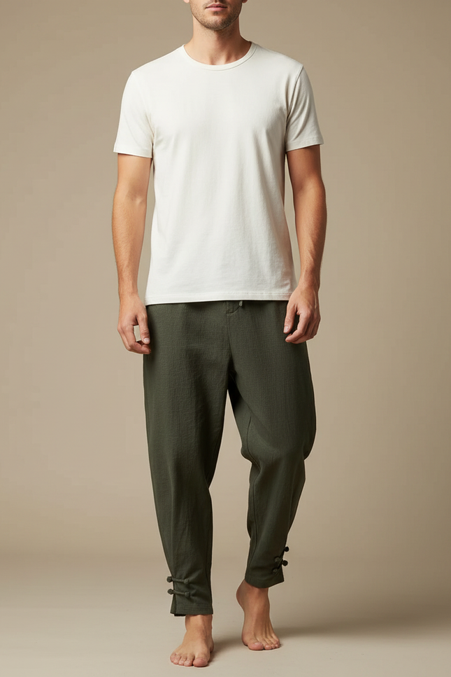 Pantalon Japonais Vert Kaki Lin Ample Boutons