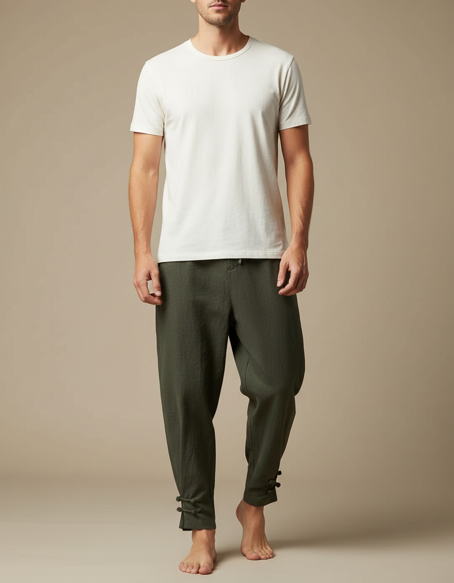Pantalon Japonais Vert Kaki Lin Ample Boutons
