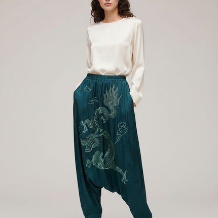 Pantalon Japonais Vert Dragon Brodé Satin Fluide Harem