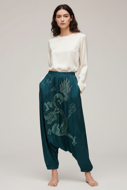 Pantalon Japonais Vert Dragon Brodé Satin Fluide Harem