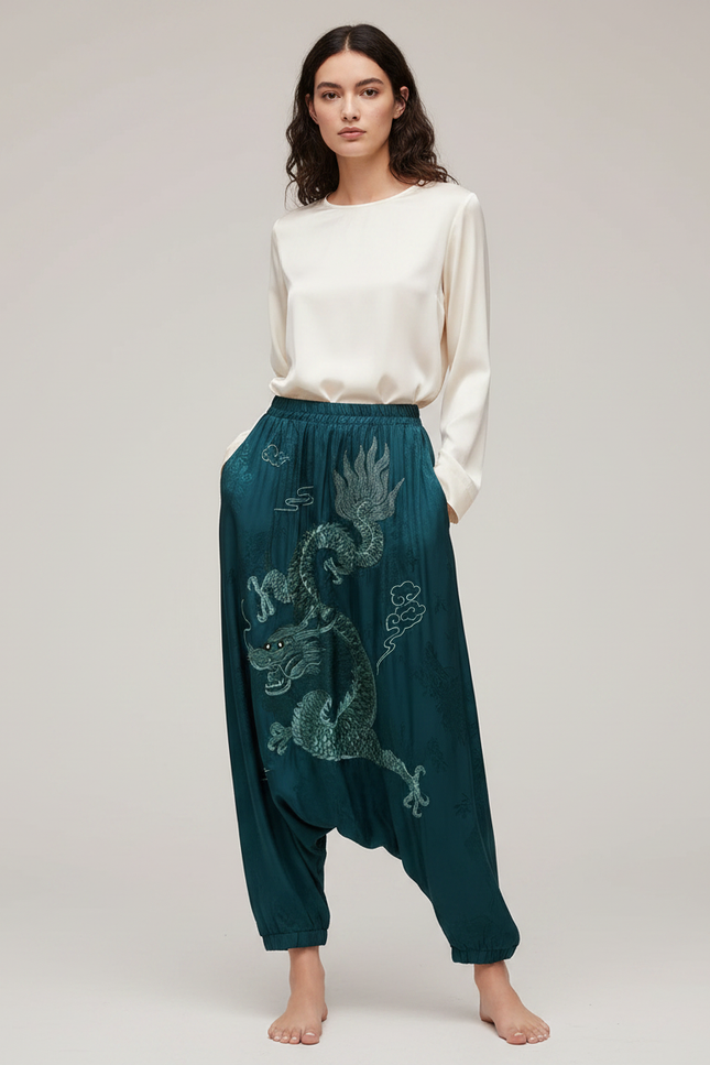 Pantalon Japonais Vert Dragon Brodé Satin Fluide Harem