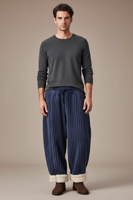 Pantalon Japonais Velours Côtelé Bleu Épais Ample Hiver - Marine Cordé