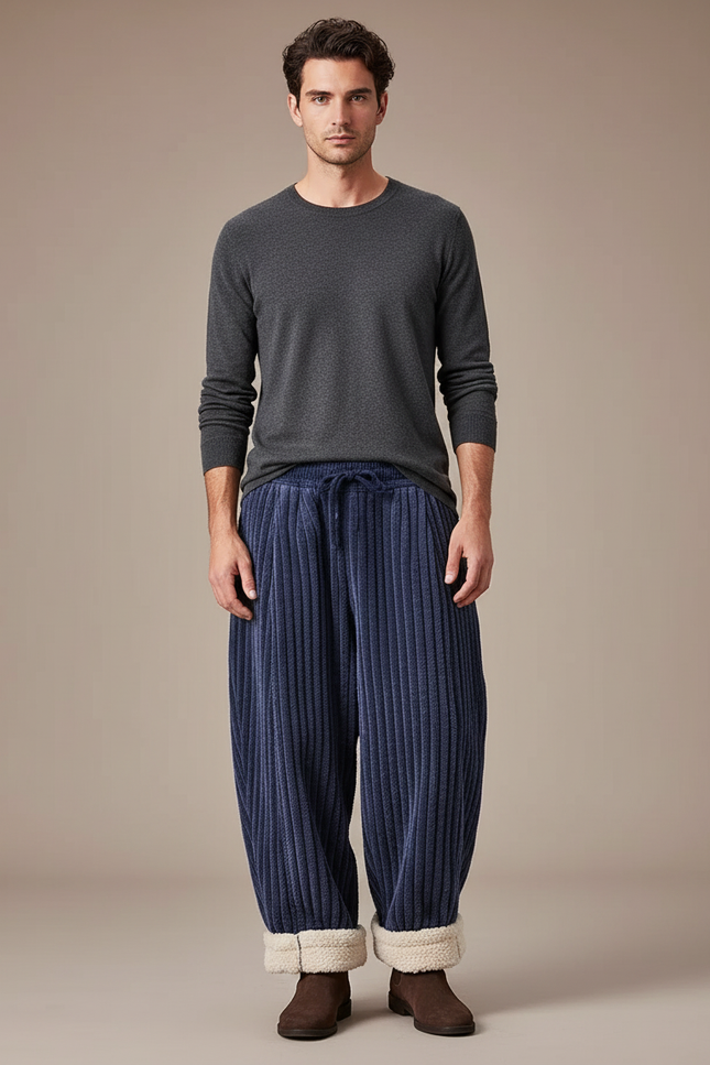 Pantalon Japonais Velours Côtelé Bleu Épais Ample Hiver - Marine Cordé