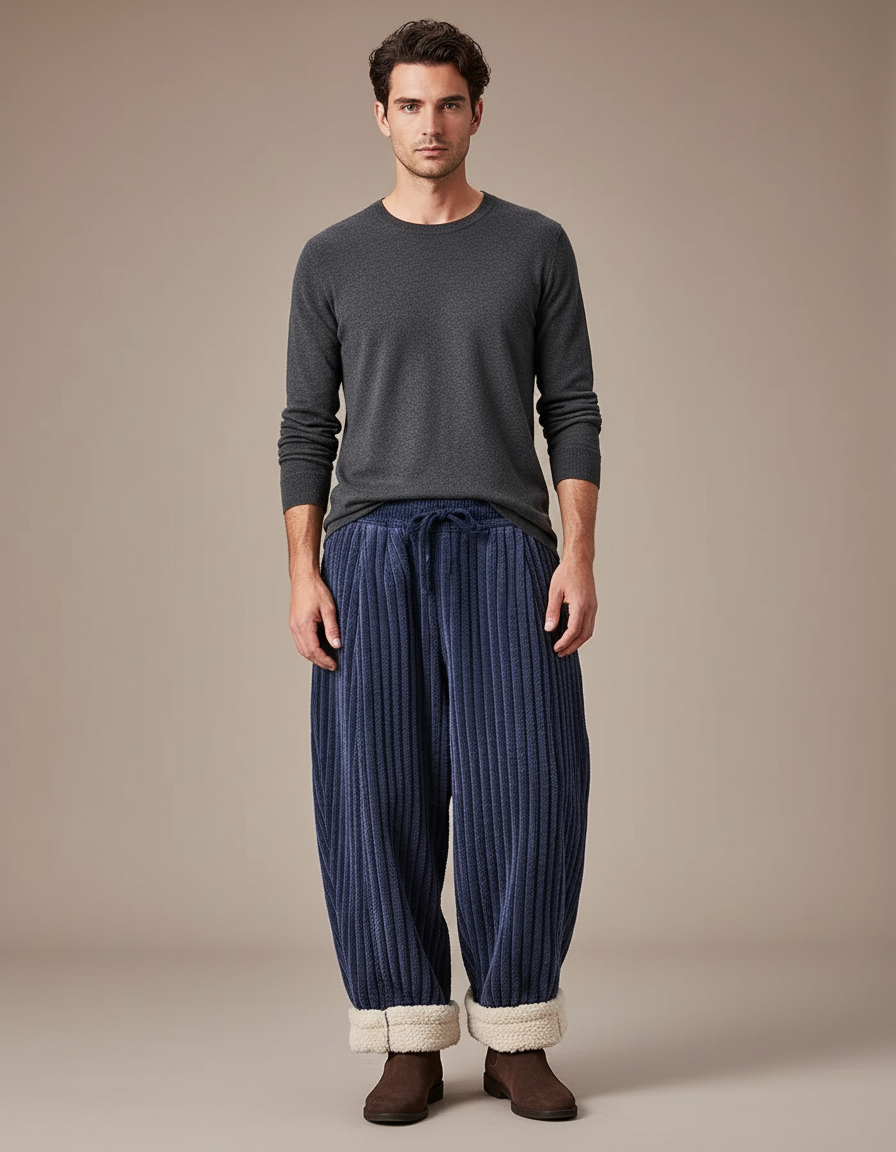 Pantalon Japonais Velours Côtelé Bleu Épais Ample Hiver - Marine Cordé