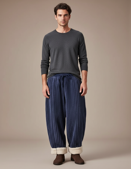 Pantalon Japonais Velours Côtelé Bleu Épais Ample Hiver - Marine Cordé