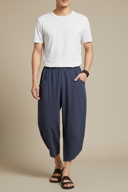 Pantalon Japonais Bleu Coton Ample Décontracté Cropped - Marine