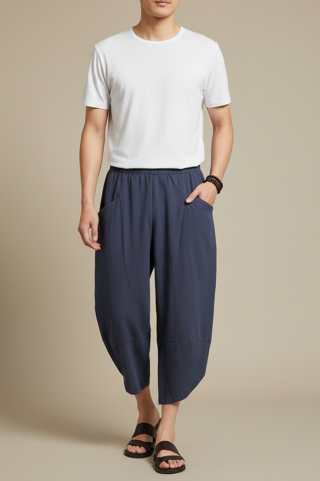 Pantalon Japonais Bleu Coton Ample Décontracté Cropped - Marine