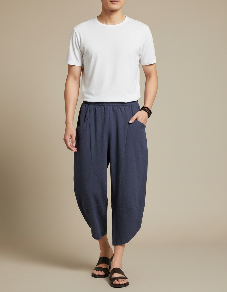 Pantalon Japonais Bleu Coton Ample Décontracté Cropped - Marine