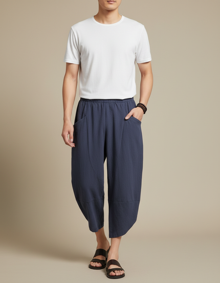 Pantalon Japonais Bleu Coton Ample Décontracté Cropped - Marine