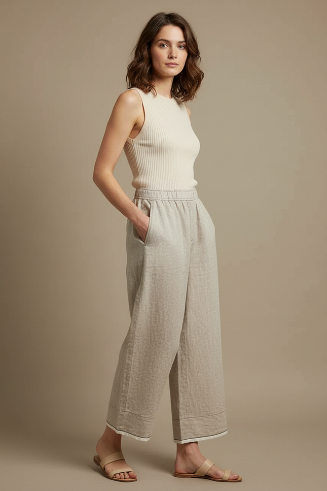 Pantalon Japonais Lin Ample Beige Décontracté Femme