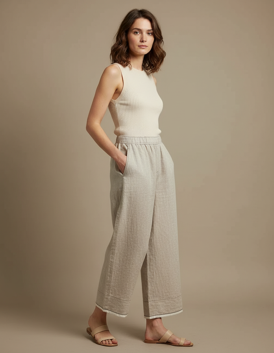 Pantalon Japonais Lin Ample Beige Décontracté Femme