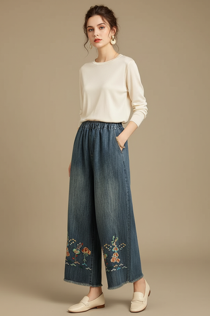 Pantalon Japonais Denim Ample Brodé Femme - Bleu Jean
